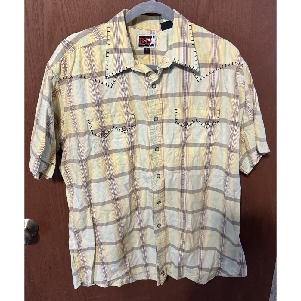 B & D Panhandle Slim Western Shirt Short Sleeve Yellow Big Stitching Sz XL TubS